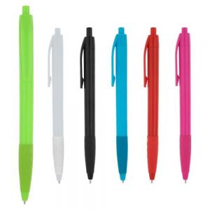 Bolígrafo de plástico de color sólido, con clip, textura y mecanismo de click.